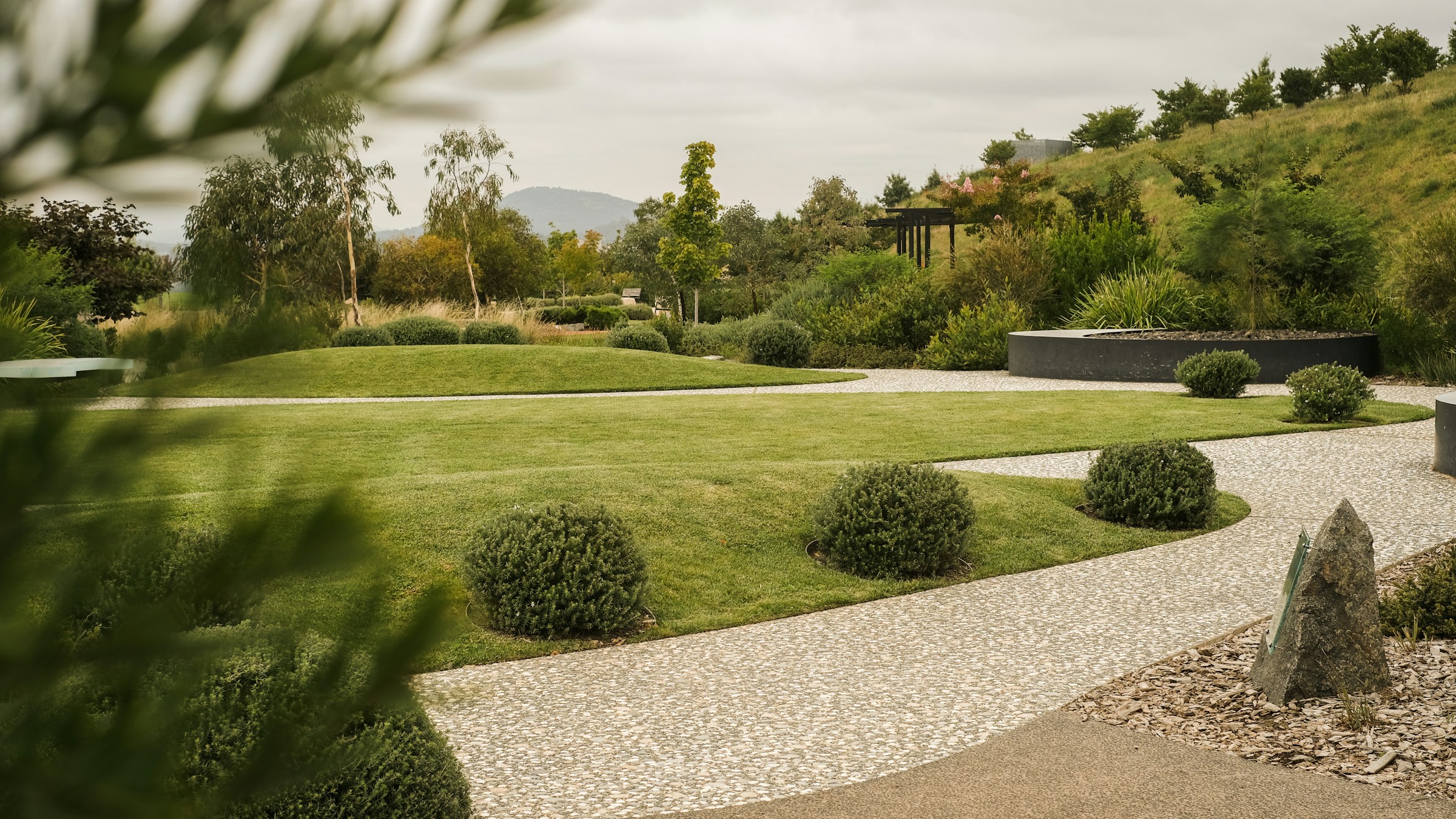 Jardín mediterráneo diseñado, con pradera, arbustos recortados y camino de grava
